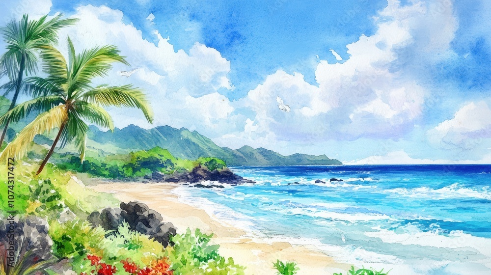 Watercolor illustration of a vibrant island setting showcasing ocean life and a beautiful beach under a clear blue sky Ideal destination for a scenic getaway Watercolor illustration of a vibrant island setting showcasing ocean life and a beautiful beach under a clear blue sky Ideal destination for a scenic getaway
