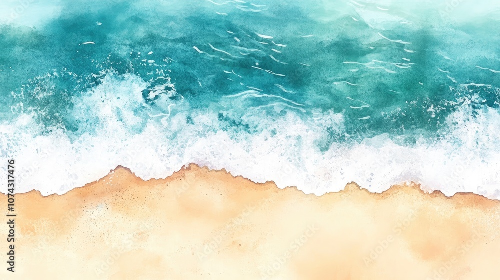 Watercolor digital illustration of a marine landscape featuring turquoise waters and a sandy beach An exotic paradise scene with white foam waves capturing an idyllic vacation atmosphere Watercolor digital illustration of a marine landscape featuring turquoise waters and a sandy beach An exotic paradise scene with white foam waves capturing an idyllic vacation atmosphere
