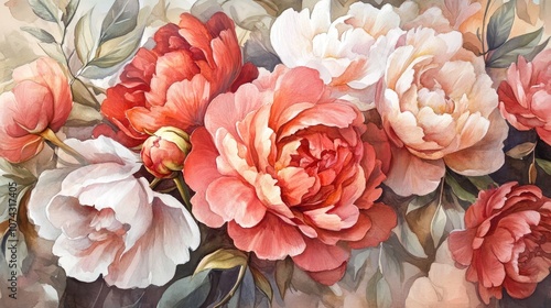 Watercolor illustration of beautiful peony and rose flowers