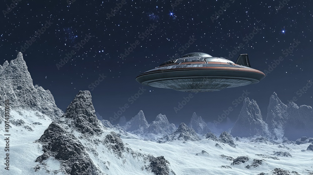 Spaceship slowly descending onto an icy alien planet, snow and mist around, with far-off stars in a dark, mysterious sky Spaceship slowly descending onto an icy alien planet, snow and mist around, with far-off stars in a dark, mysterious sky