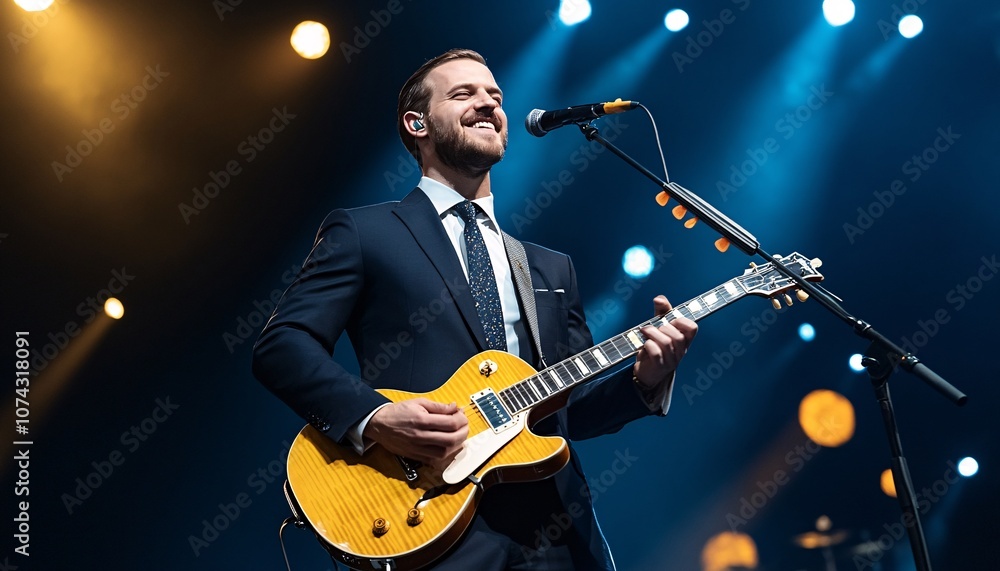 Obraz premium A musician performs on stage with a guitar, wearing a suit, under vibrant stage lights, conveying energy and enthusiasm.