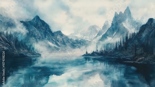 Wallpaper Mural Watercolor depiction of a lake surrounded by mountains and fog Torontodigital.ca