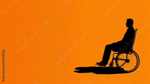 World multiple sclerosis day. Horizontal banner. Copy space. Silhouette of man in wheelchair on a orange background. The problem of chronic autoimmune diseases. Inclusion of disabled people in society