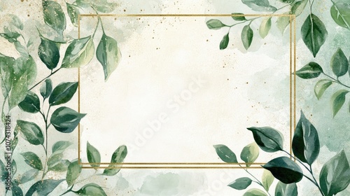 Watercolor wedding invitation design featuring greenery and a gold frame EPS 10 Illustration
