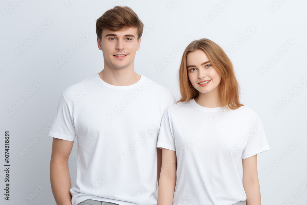 Young people in stylish t-shirts on white background Young people in stylish t-shirts on white background
