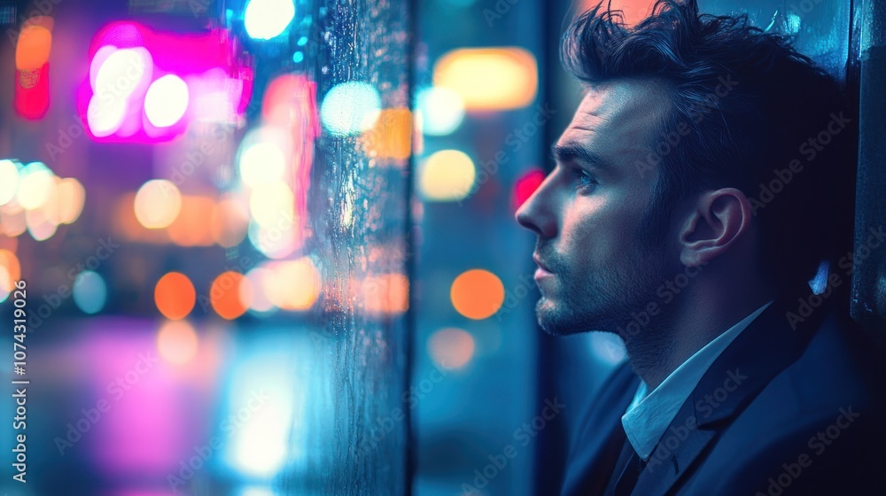 A contemplative man gazes out at a vibrant, rainy cityscape, lost in thought. A contemplative man gazes out at a vibrant, rainy cityscape, lost in thought.