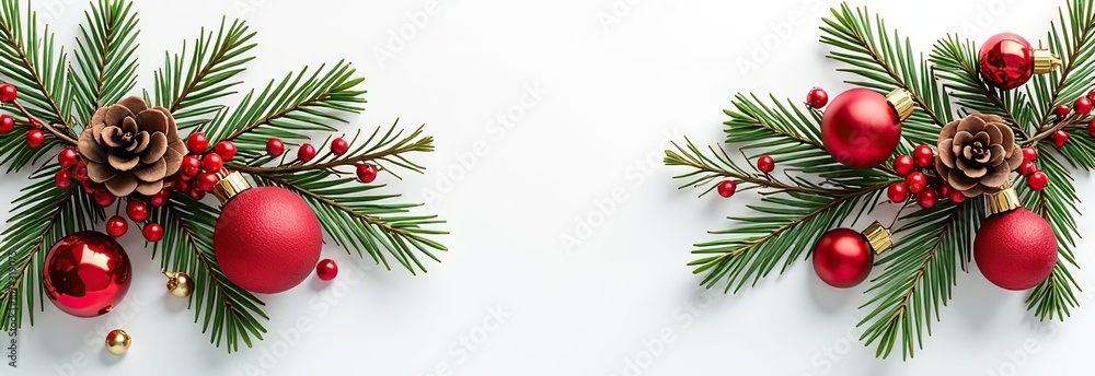 Christmas garland with red and gold baubles, berries, and pinecones on a white background Christmas garland with red and gold baubles, berries, and pinecones on a white background