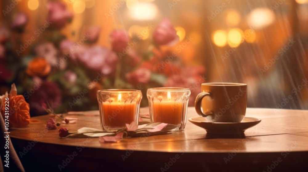 Warm and Cozy Cafe Setting with Candlelight Warm and Cozy Cafe Setting with Candlelight