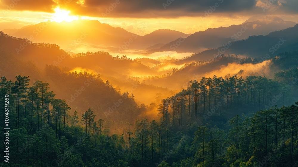 Fototapeta premium Serene sunrise over misty mountains and lush forests.
