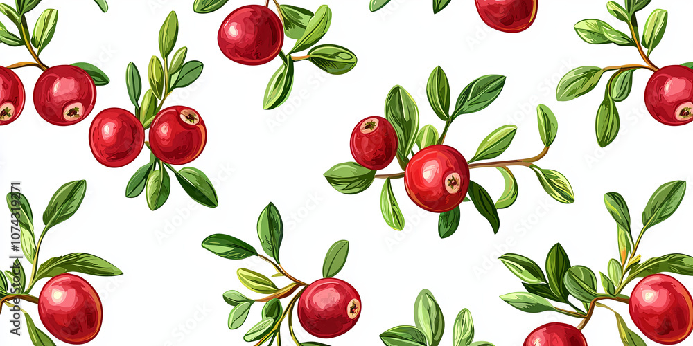 Cranberry and thyme pattern with a white background, generative AI Cranberry and thyme pattern with a white background, generative AI
