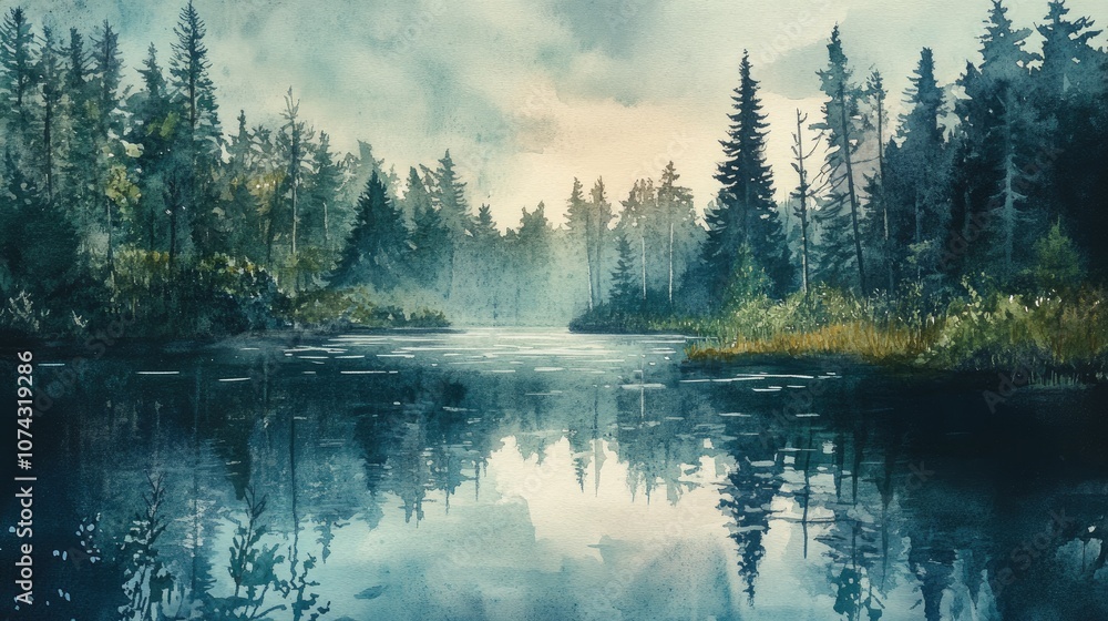 Fototapeta premium Watercolor artwork of a small lake surrounded by forest