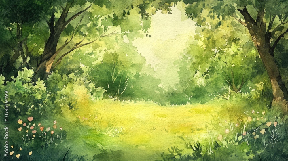 Fototapeta premium Watercolor illustration depicting the serenity of spring characterized by abundant greenery