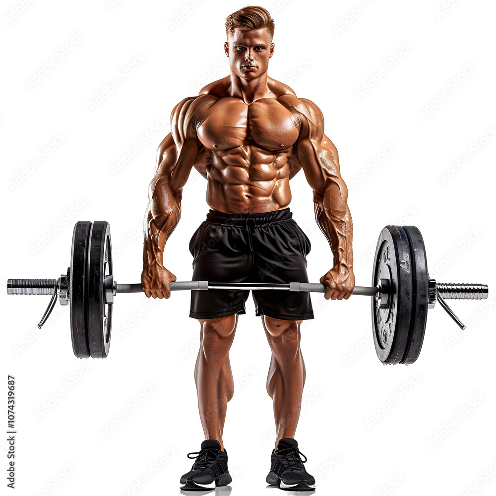 Muscular man lifting weights in the gym with a barbell in front of a transparent background. Muscular man lifting weights in the gym with a barbell in front of a transparent background.