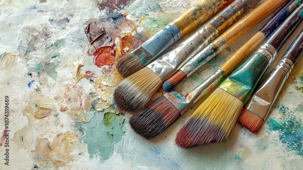 Fototapeta premium Collection of watercolor paintbrushes and paints on a light backdrop