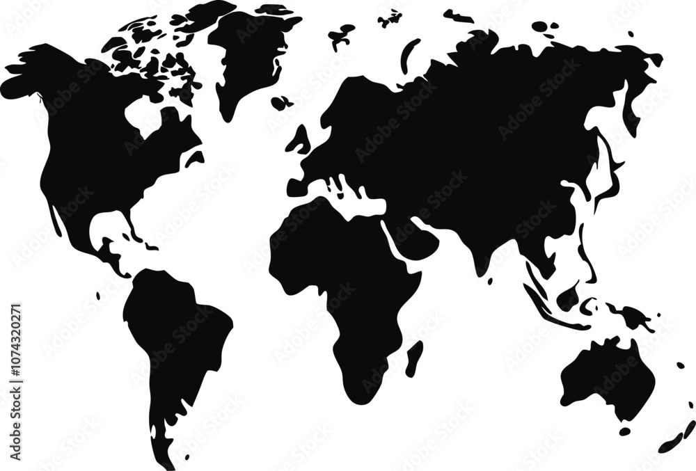 Black Silhouette World Map Vector Illustration Simple black silhouette of a world map on a white background. Ideal for global themes, geography, education, or travel-related designs and projects. Black Silhouette World Map Vector Illustration Simple black silhouette of a world map on a white background. Ideal for global themes, geography, education, or travel-related designs and projects.