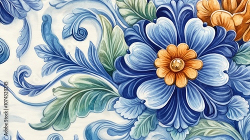 Watercolor illustration of decorative majolica tile featuring floral and leaf embroidery Mediterranean style porcelain pottery with ceramic dishes folk art prints and damask floral patterns remini