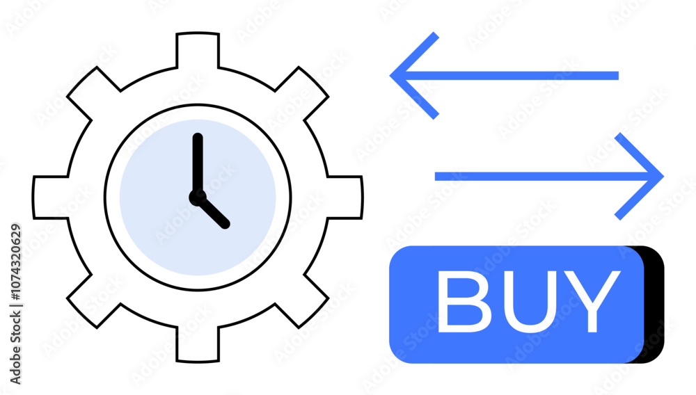 Gear with clock inside beside blue buy button with left and right pointing arrows. Ideal for business strategies, time management, e-commerce, decisions, productivity, automation, workflows. Line Gear with clock inside beside blue buy button with left and right pointing arrows. Ideal for business strategies, time management, e-commerce, decisions, productivity, automation, workflows. Line