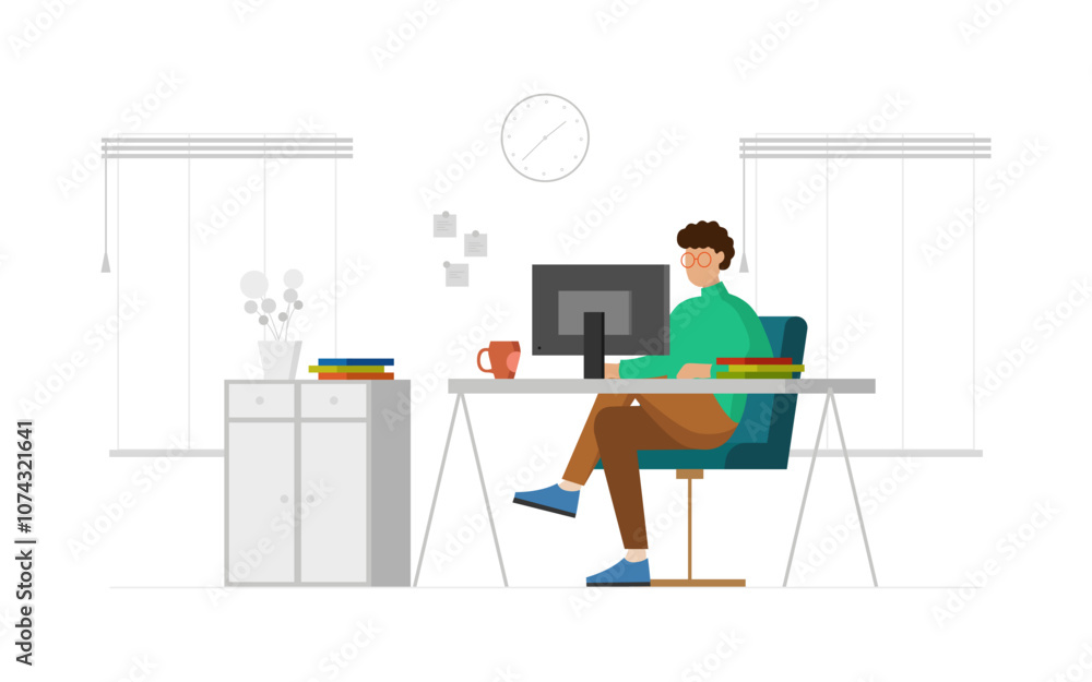 Person working at a desk in a comfortable office environment. Suggesting a productive work or study space. Flat vector illustration isolated on white background. Person working at a desk in a comfortable office environment. Suggesting a productive work or study space. Flat vector illustration isolated on white background.