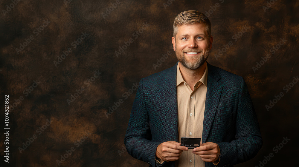 professional man in business casual attire holds credit card, smiling confidently against textured background. His expression conveys trust and approachability professional man in business casual attire holds credit card, smiling confidently against textured background. His expression conveys trust and approachability