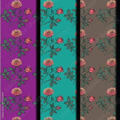  Elegant seamless pattern featuring hand-drawn vintage roses with lush leaves, presented in three vibrant color backgrounds—purple, teal, and taupe. Ideal for textiles, wallpapers, and digital designs