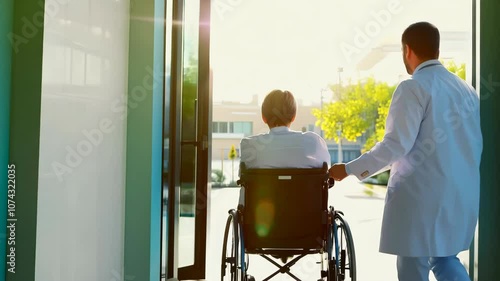 Heartwarming slow-motion scene of a doctor pushing a disabled person in a wheelchair toward a hospital with cheerful, colorful buildings

