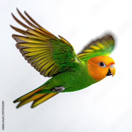 A photostock of a colorful parrot in flight, isolated on white background, High Quality