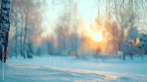 Experience the serene beauty of a snowy winter sunrise over a tranquil landscape
