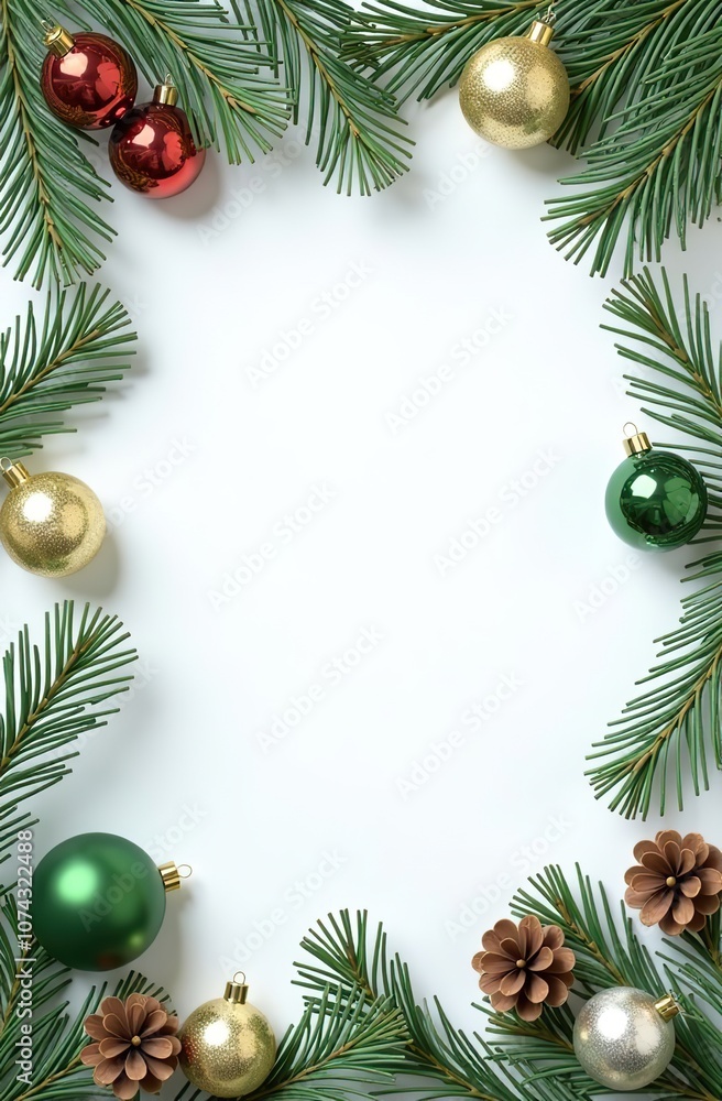 Flat lay of Christmas ornaments, pine cones, and festive decorations arranged on a white background. in green colors Flat lay of Christmas ornaments, pine cones, and festive decorations arranged on a white background. in green colors