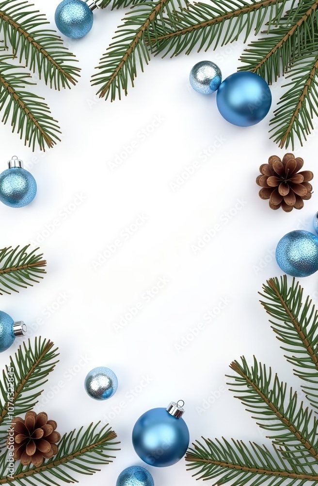 Flat lay of Christmas ornaments, pine cones, and festive decorations arranged on a white background. in blue colors Flat lay of Christmas ornaments, pine cones, and festive decorations arranged on a white background. in blue colors