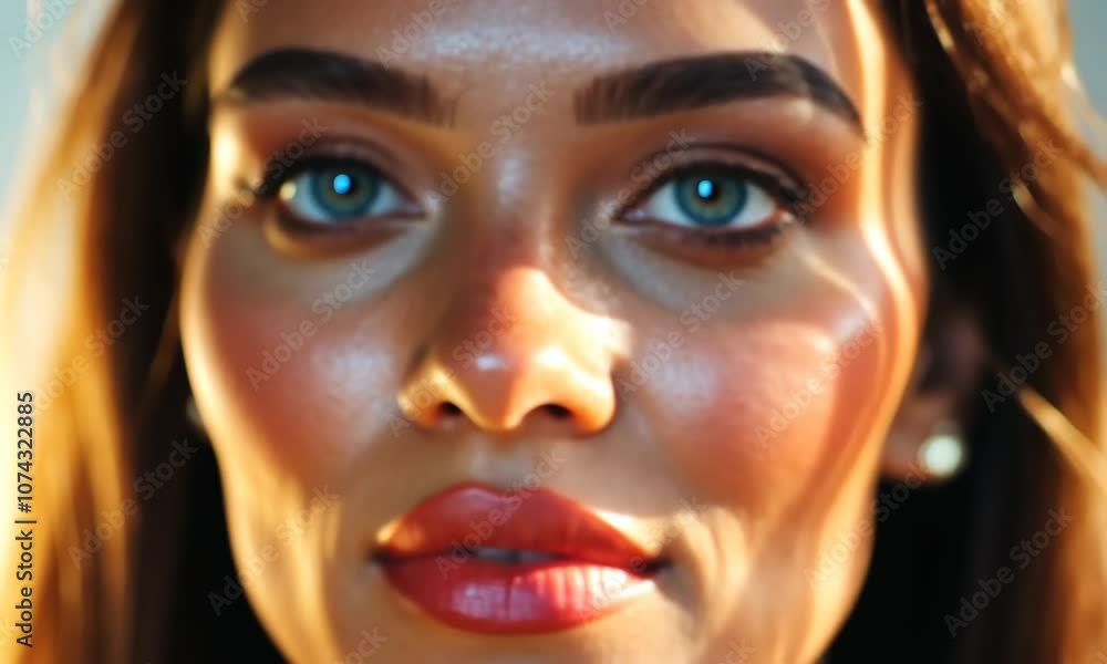 A close-up portrait highlighting radiant skin and striking blue eyes. A close-up portrait highlighting radiant skin and striking blue eyes.