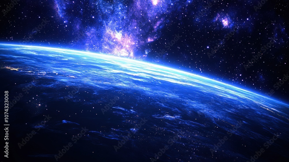 Obraz premium Deep space backdrop, blending dark indigo to vibrant violet tones with soft pastel blue on the horizon, speckled with twinkling stars and gentle cosmic glow, capturing an otherworldly galaxy,