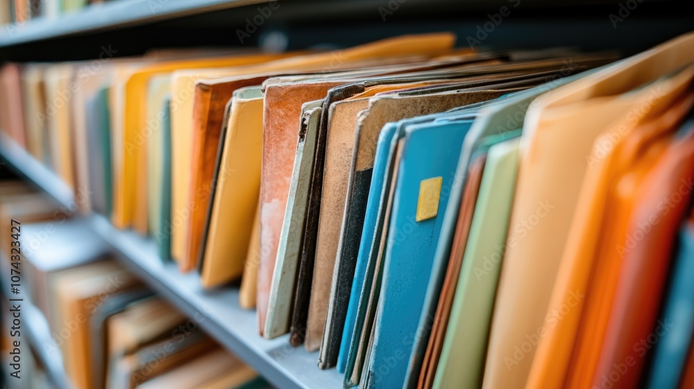 Close up of assorted old folders displaying vibrant labeled files neatly organized on office shelves illustrating efficient data management and orderliness Close up of assorted old folders displaying vibrant labeled files neatly organized on office shelves illustrating efficient data management and orderliness