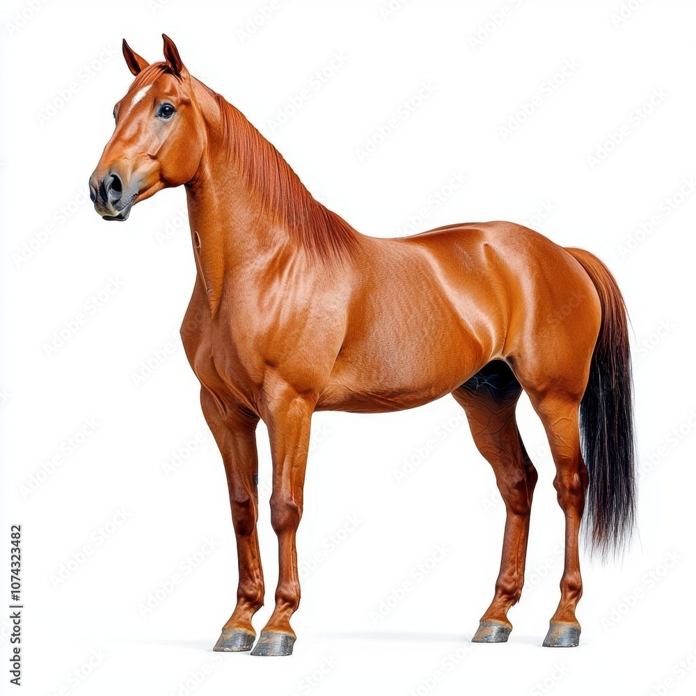 Fototapeta premium A photostock of a majestic brown horse, isolated on white background, High Quality