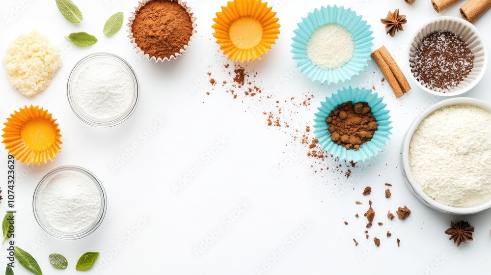 Cupcake liners and baking ingredients on a white background with sample text Cupcake liners and baking ingredients on a white background with sample text