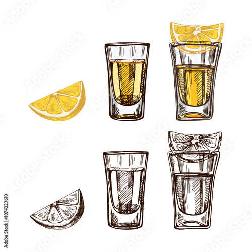 Hand-drawn colored and monochrome shot glasses with tequila with a slices of lime. Design element set for the menu of bars and restaurants, alcohol stores. Vector sketches in engraving style. Mexican