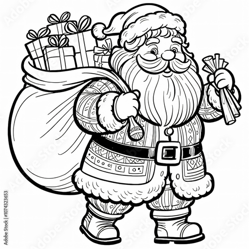 A cartoon depicting Santa Claus lugging a hefty bundle of presents. Coloring page for children.