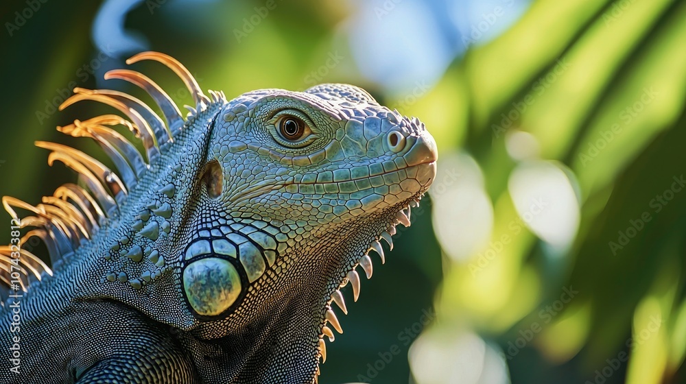 Fototapeta premium Close Up Of A Iguana Harmless Reptile Selective Focus Of Lizard With Blur Background
