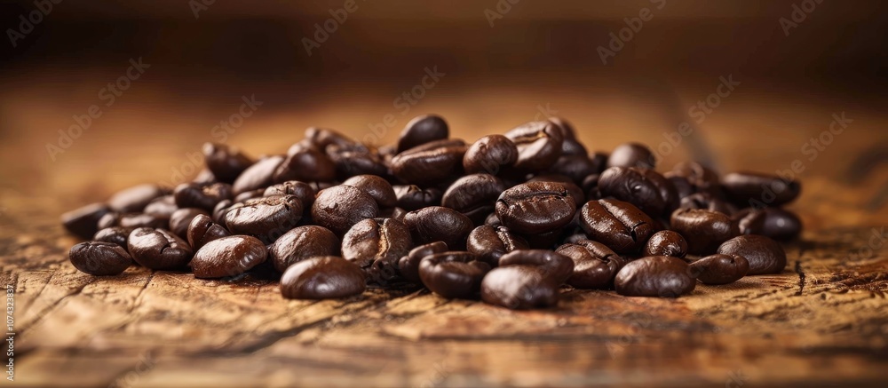 Fototapeta premium Coffee Beans Scattered On The Wooden Table