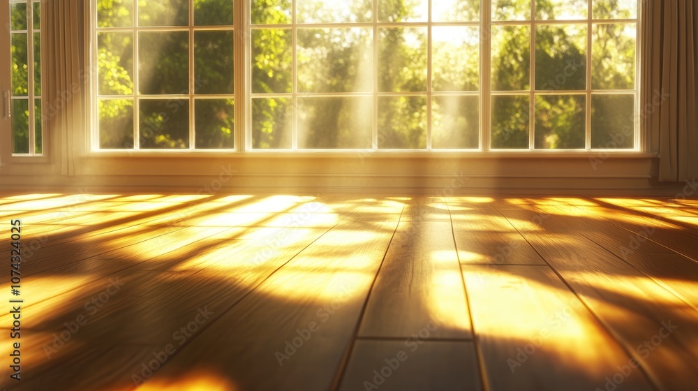 Golden sunlight pours through expansive windows creating detailed shadows on a smooth wooden floor resulting in a cozy and inviting ambiance Golden sunlight pours through expansive windows creating detailed shadows on a smooth wooden floor resulting in a cozy and inviting ambiance