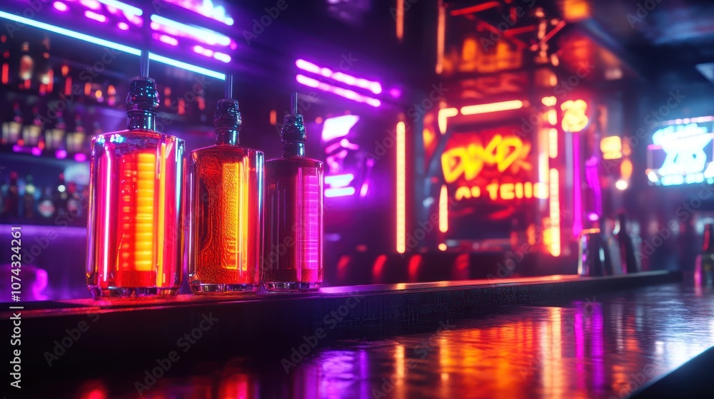 Fototapeta premium Neon Bar with Bottles
