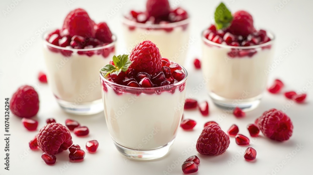 Yogurt topped with raspberries and pomegranate seeds served in glasses against a plain white background Yogurt topped with raspberries and pomegranate seeds served in glasses against a plain white background