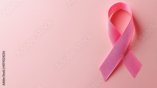 Pink ribbon emblem on a gentle pink backdrop representing support for breast cancer awareness and women s health initiatives conveying a message of charity and solidarity photo