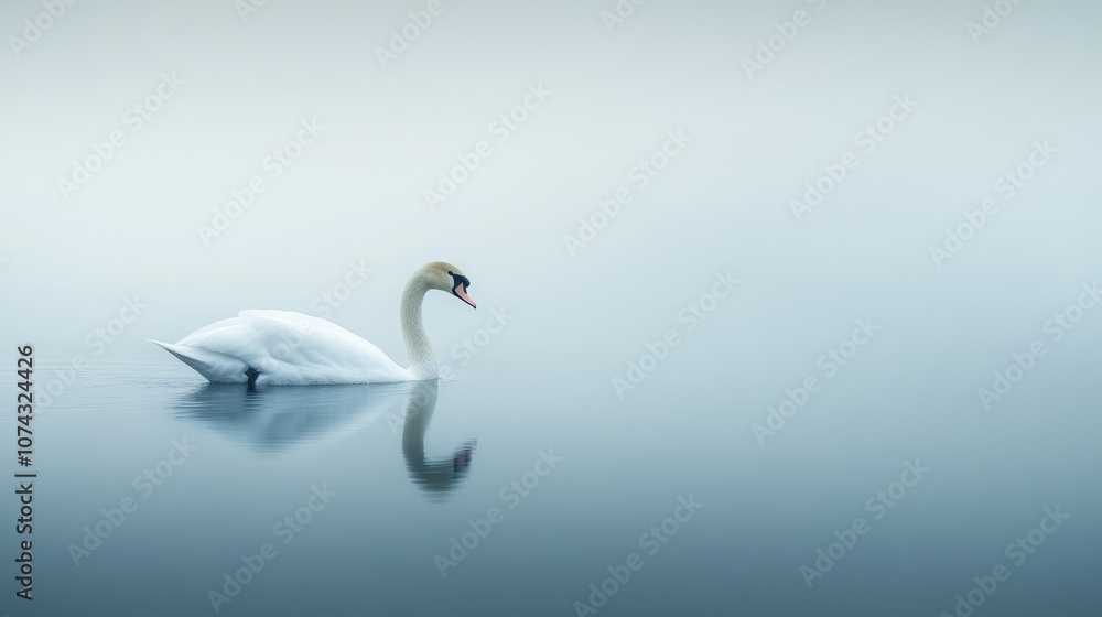 A serene swan swimming smoothly across a calm body of water A serene swan swimming smoothly across a calm body of water