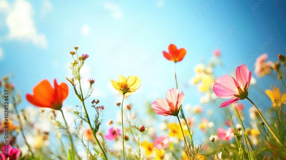 Vibrant flowers blossom under a clear blue sky in a spring meadow captured with a soft focus Vibrant flowers blossom under a clear blue sky in a spring meadow captured with a soft focus