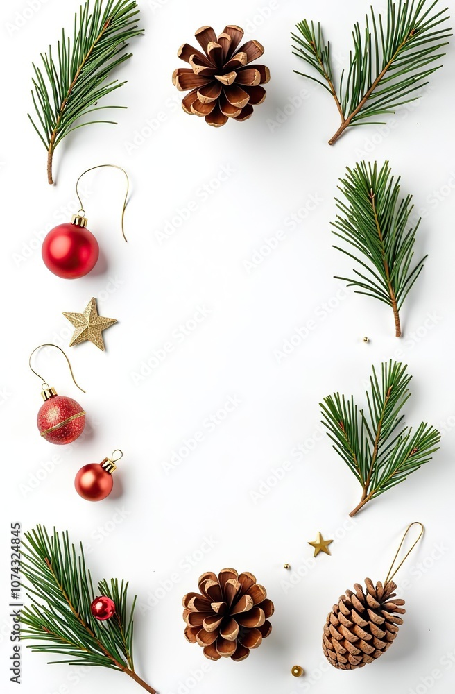 Fototapeta premium set of Christmas icons pine cones, and festive decorations on a white background 