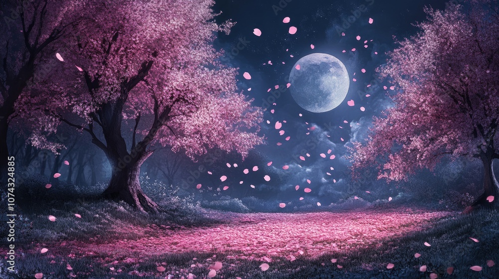 Moonlit landscape featuring cherry blossom trees and drifting petals Moonlit landscape featuring cherry blossom trees and drifting petals