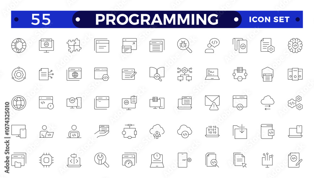 Programming Outline icon set. Contains linear outline icons like Web Development, Code, Website, Cloud, App, Data, Software, Algorithm, Api, Build, Program. Big UI icon set in a flat design. Programming Outline icon set. Contains linear outline icons like Web Development, Code, Website, Cloud, App, Data, Software, Algorithm, Api, Build, Program. Big UI icon set in a flat design.