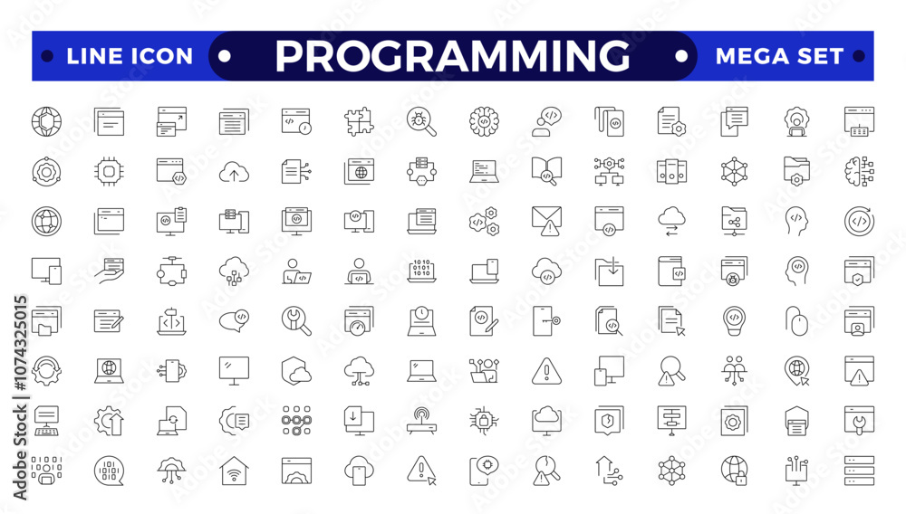 Programming Outline icon set. Contains linear outline icons like Web Development, Code, Website, Cloud, App, Data, Software, Algorithm, Api, Build, Program. Big UI icon set in a flat design. Programming Outline icon set. Contains linear outline icons like Web Development, Code, Website, Cloud, App, Data, Software, Algorithm, Api, Build, Program. Big UI icon set in a flat design.