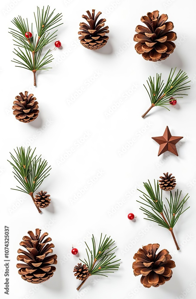 Fototapeta premium set of Christmas icons pine cones, and festive decorations on a white background 