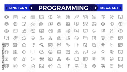 Programming Outline icon set. Contains linear outline icons like Web Development, Code, Website, Cloud, App, Data, Software, Algorithm, Api, Build, Program. Big UI icon set in a flat design.
